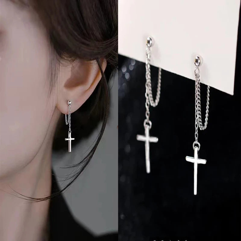 2 Pcs Punk Silver Color Cross Drop Earrings