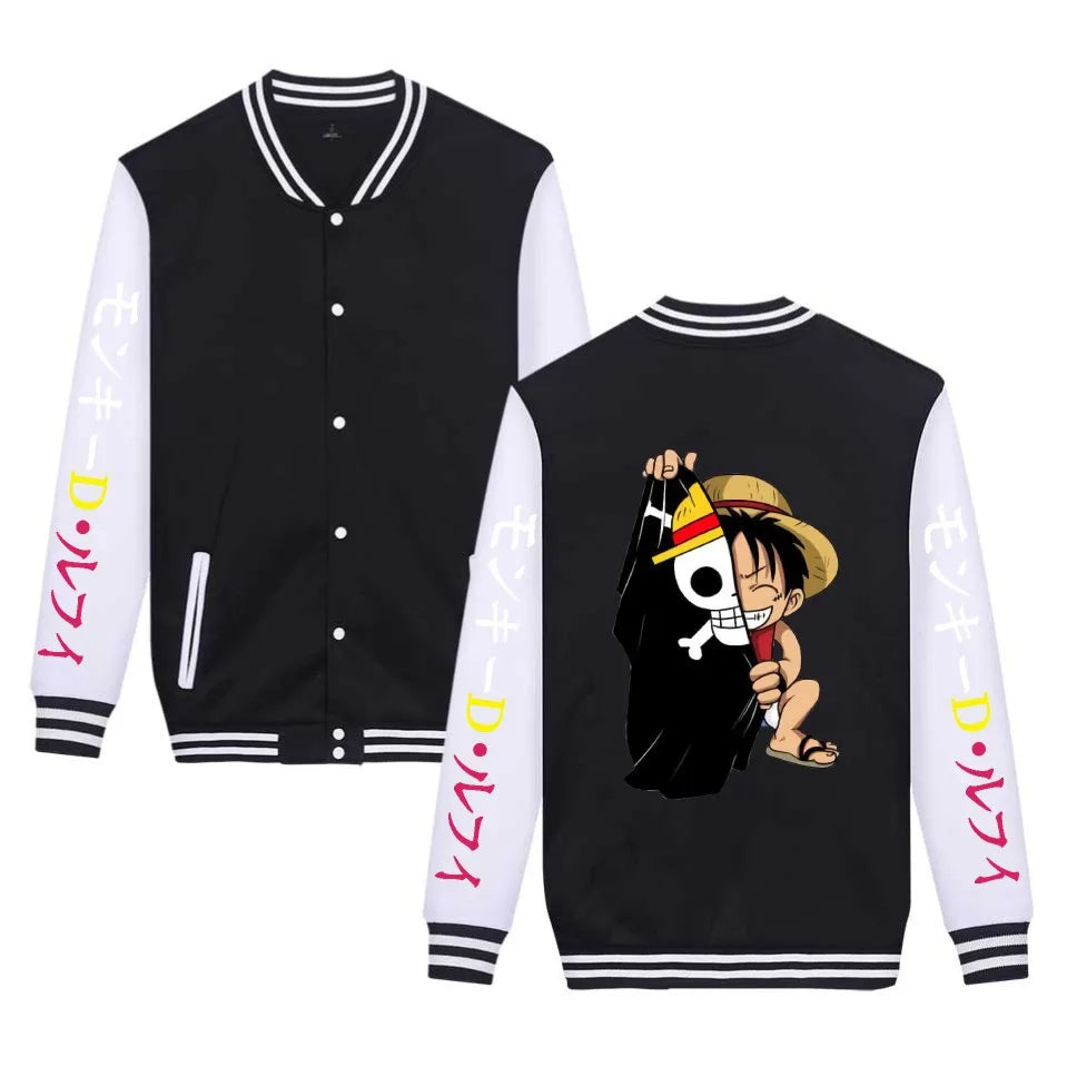 One Piece Anime Autumn/Winter Thick Jacket – Baseball Uniform Style with Straw Hat Luffy Print - Image 2